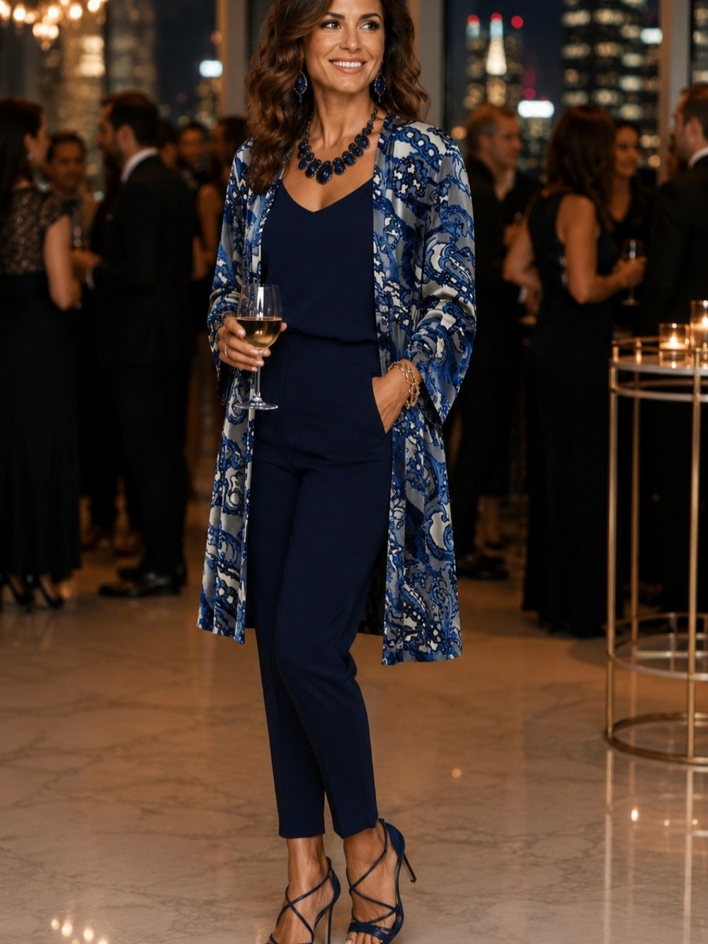 Chic Boho Elegant Navy Blue White Printed Oversize Open Front Duster Jacket L
